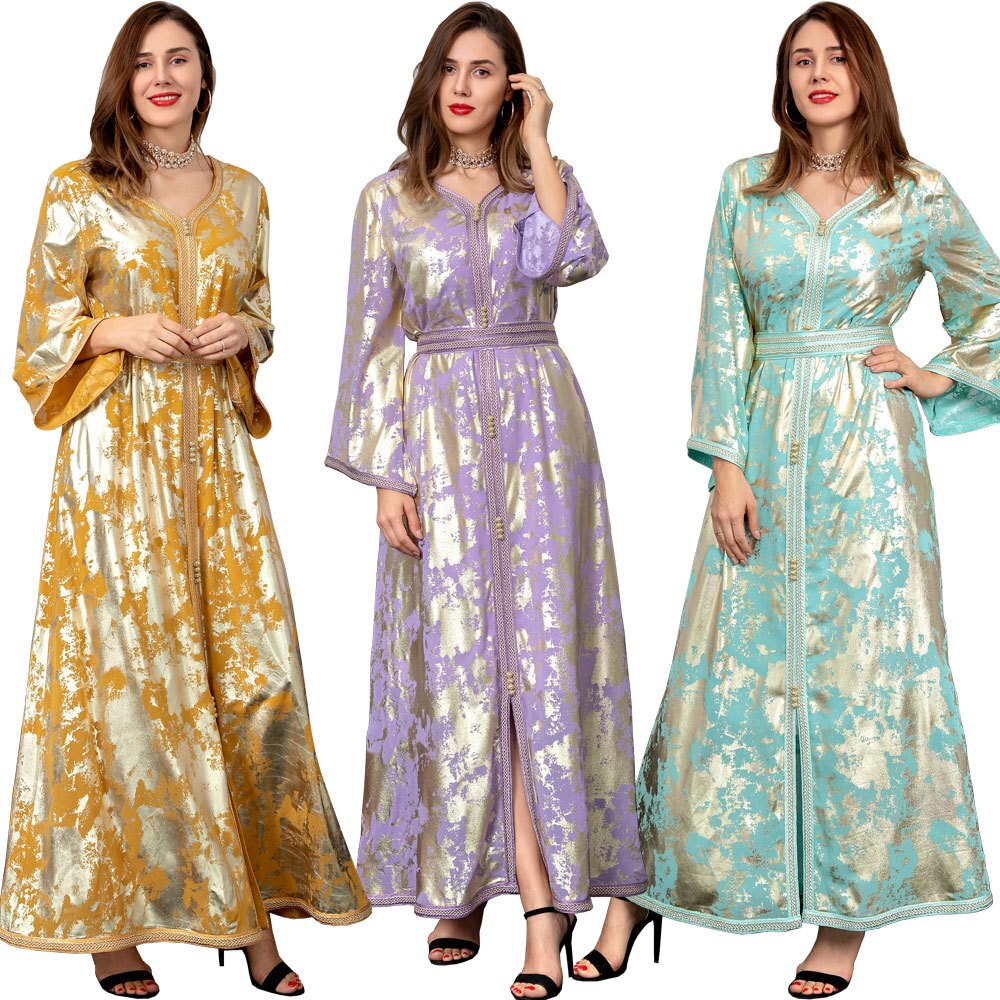 jinran Ramadan Eid Dubai Fashion Abayas Autumn Winter New Muslim Gilded Robe Femme V-Neck Printing Chiffon Evening Dress With Belt Plus