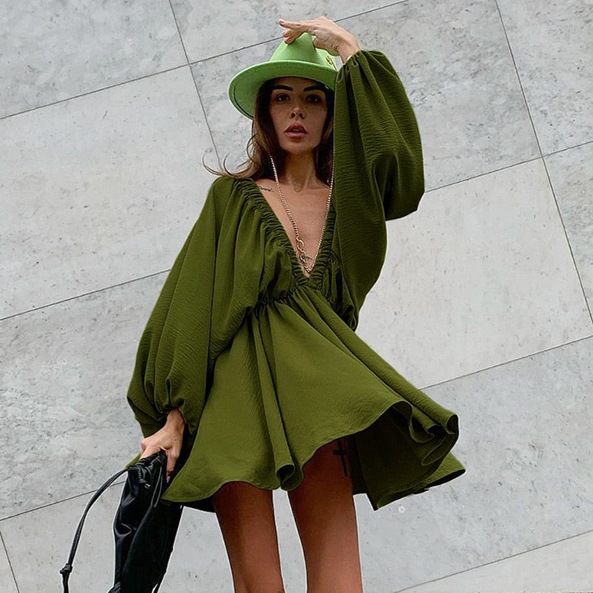 jinran Office Sexy Low Cut Pleated Dresses Backless Lantern Sleeve 2024 Summer Dress Woman V-Neck High Waist Casual A-Line Green Dress