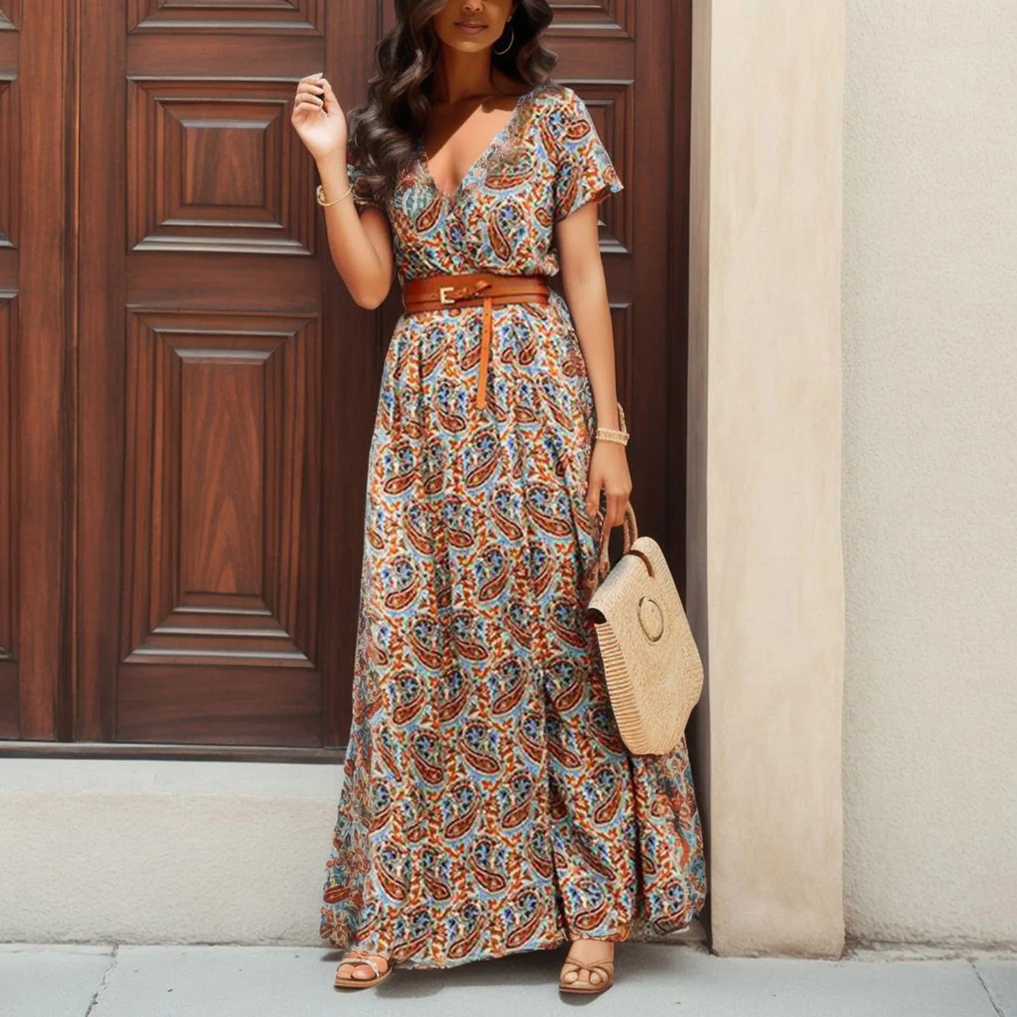 jinran Women Long Chiffon Dress Retro Elegance Short Sleeve A-Line Maxi Dresses Holiday Beach Casual Robe Flower Print Vestido