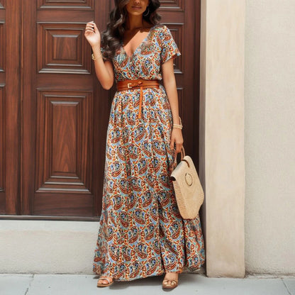 jinran Women Long Chiffon Dress Retro Elegance Short Sleeve A-Line Maxi Dresses Holiday Beach Casual Robe Flower Print Vestido
