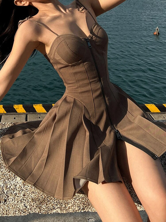jinran Women A-Line Mini Dress Sexy Spaghetti Strap Bodycon Dress Summer Short Dress Ladies Casual Front Zipper Backless Skinny Dresses