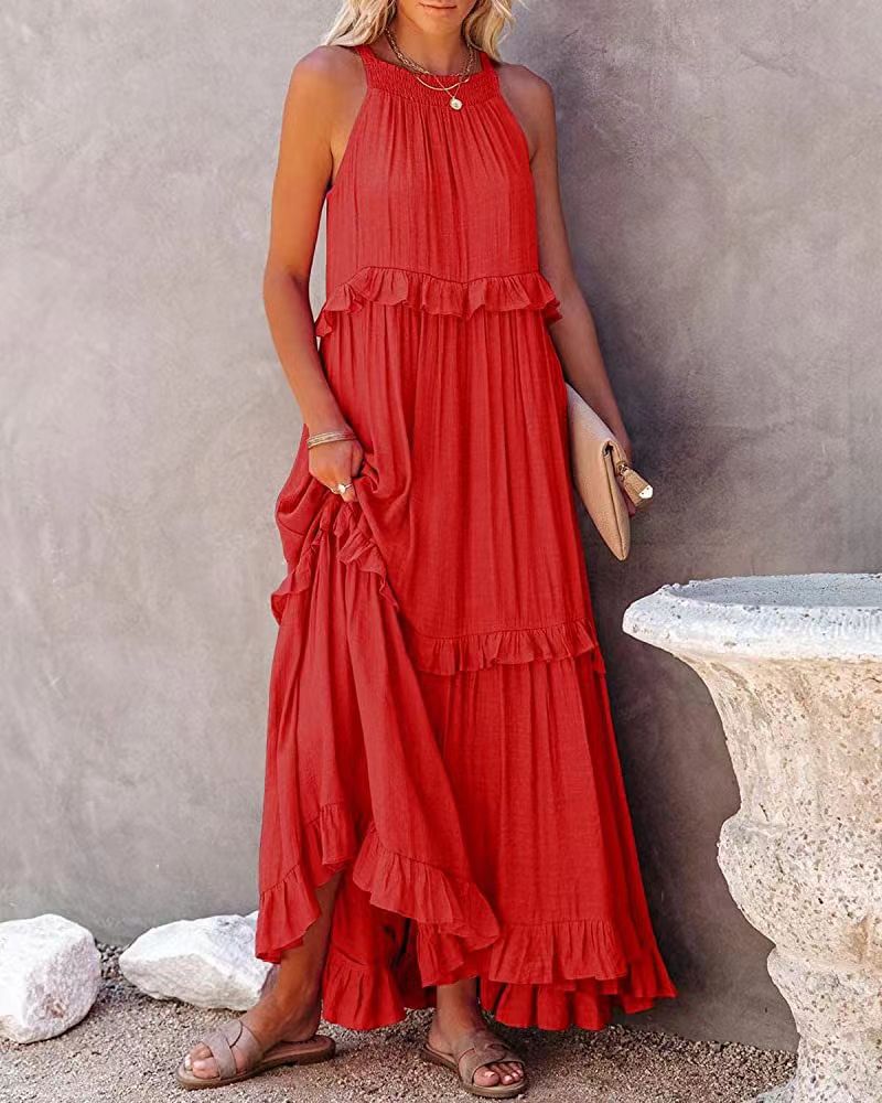 jinran Casual Solid Ruffle Long Dress Women Summer A-line Sleeveless Maxi Dresses Elegant Tie-Up Loose Beach Party Dress Vestidos Robe