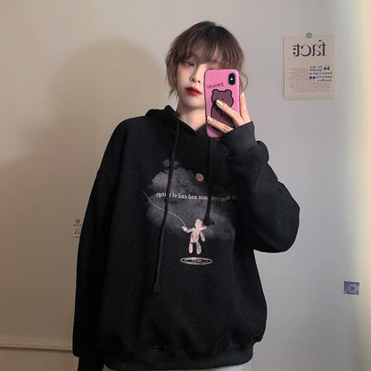 jinran Harajuku New Black Baggy Pullover Fashion Fleece Thicken Letter Printing Sweatshirt Casual Lazy Raglan Sleeves Drawstring Hoodie