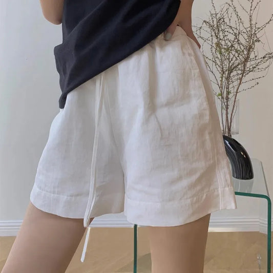 jinran White Cotton Linen Shorts Women's Sports Casual Pants 2024 Summer Thin Small Drawstring High Waist Loose Wide Leg Pants