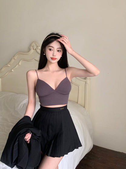 jinran Ribbed Crop Top Women Push Up Wireless Triangle Cup Bra Sexy Beautiful Back Camisole 2022 New