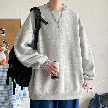 Harajuku Sweatshirts Men Korean Solid Color Basic O Neck Oversized Pullovers Spring Autumn Simple Fashion Casual Tops 5XL-M