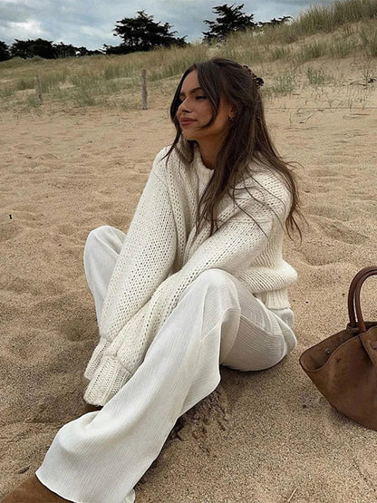 nvxiot  -  Autumn Solid Wool Blends Round Neck Knitted Pullover Women Casual Lattern Long Sleeve Loose Warm Sweater New Streetwear ﻿lady