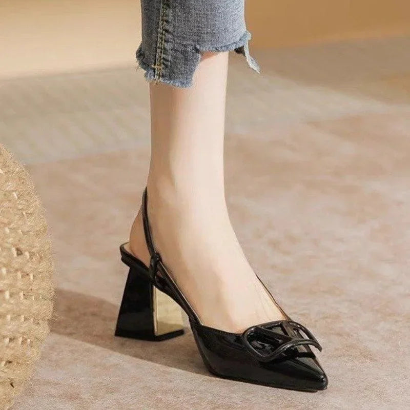 jinran 2024 Summer New Fashion Simple French Pointed Toe V-Button Shallow Dress Party Shoes Back Strap Buckle Thick Heel Sandals Women