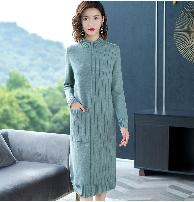 jinran Half High Collar Sweater Dress for Women In Autumn Winter New Medium Long Bottoming Sweater Knitted Pullover Streetwear Dresses