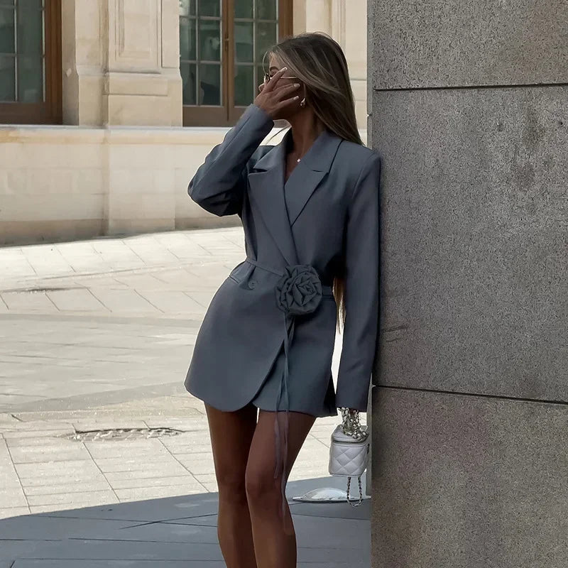 nvxiot  -  Bandage Flower Blazer Dress Female Fashion Lace Up Loose Casual Street Cardigan Blazers 2024 Autumn Vintage New Dress