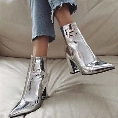 jinran Boots Women New 2024 Shoes Zipper Luxury Designer silver High Heel Leather Ladies Pointy Autumn Rubber Ankle Fashion Rome Riding