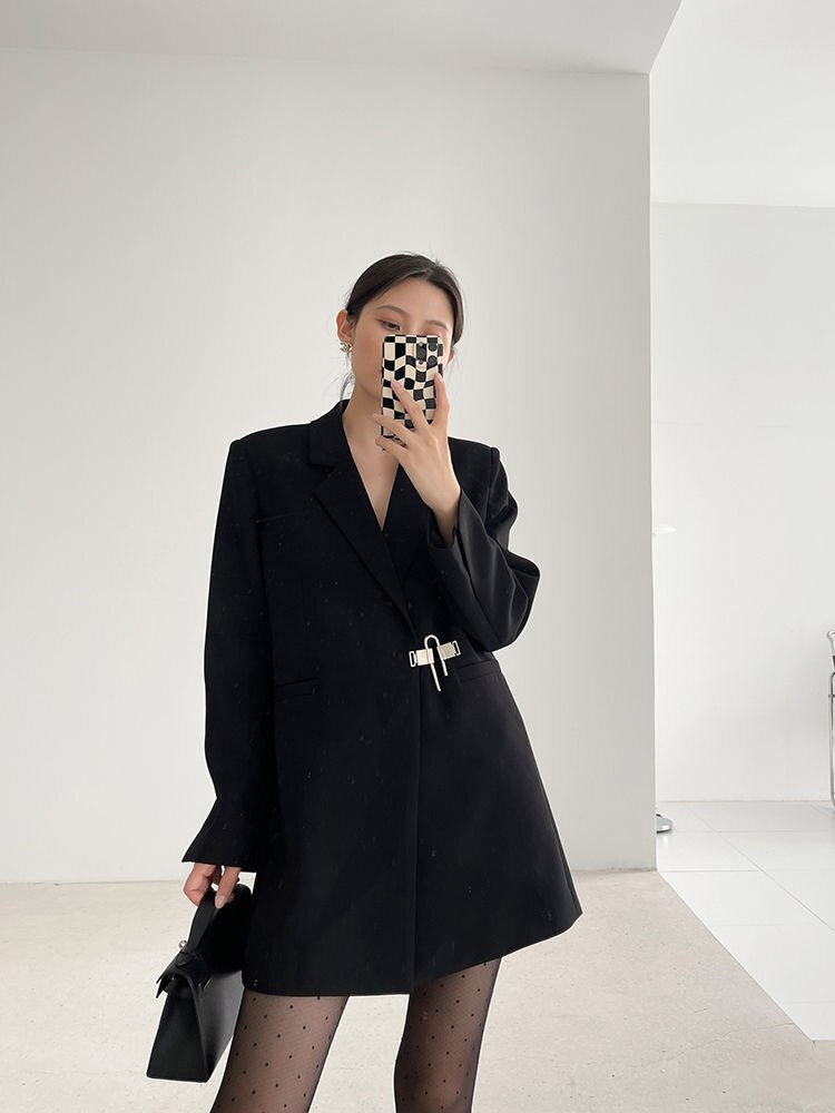 jinran Suit jacket female 2022 Spring and Autumn new Hepburn style French style long black suit dress design sense jacket S-XL