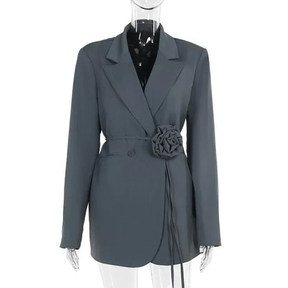 nvxiot  -  Bandage Flower Blazer Dress Female Fashion Lace Up Loose Casual Street Cardigan Blazers 2024 Autumn Vintage New Dress