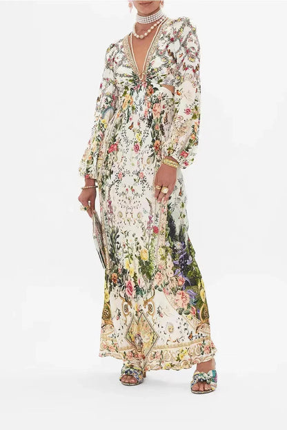 jinran White Floral Print Long Sleeve Cut Out Ankle-length Dress