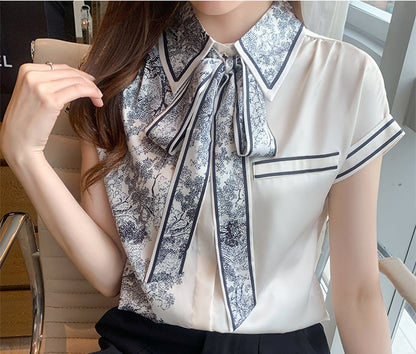 jinran Elegant Satin Luxury Women's Blouses Summer Casual Fashion Short Sleeve Print Stitching Bow Collar Shirt Loose Tops Chic Tunics