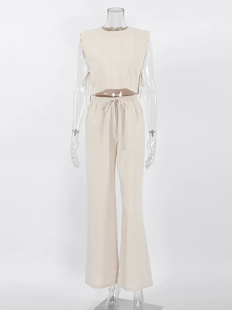 jinran Spring Summer 2024 Women Holiday Linen Pant Set Crop Tops Solid Outfits 2 Two Piece Matching Set For Women