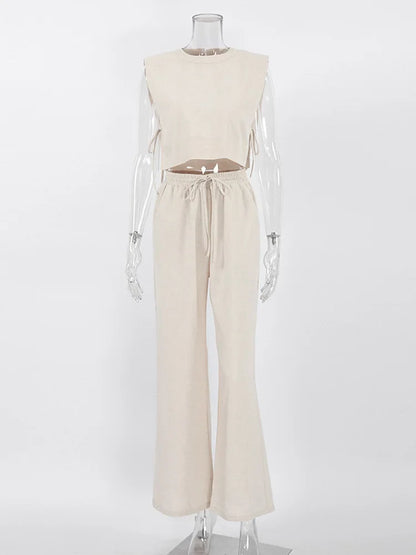 jinran Spring Summer 2024 Women Holiday Linen Pant Set Crop Tops Solid Outfits 2 Two Piece Matching Set For Women