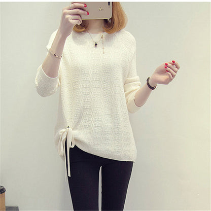 jinran Spring Summer New Solid Lace-up O-Neck Women's Clothing Hole Knitted Sweater Slight Strech Casual Loose Pullovers Long Sleeves