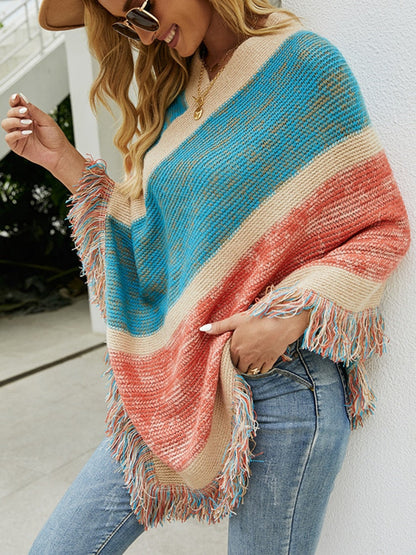 jinran Autumn Winter Batwing Sleeve Rainbow Striped Poncho Women Fashion Sweater Cloak New Pullover Shawl Female Tassel Cape