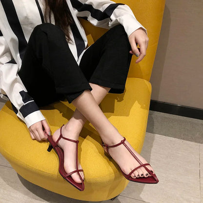 jinran Women Fashion Sandals Thin Low Heels Pointed Open Toe Ankle Strap Dress Shoes Solid Color Summer Ladies Thin Low Heels Sandals