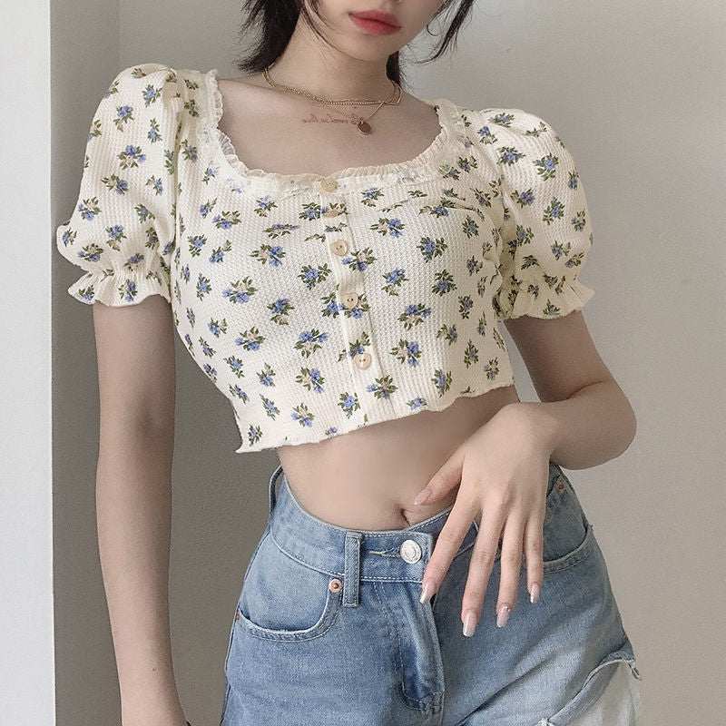 jinran Elegant French Style Summer Women Puff Sleeve Floral T shirts Casual Lace Patchwork Slim Cropped Tops Streetwear Harajuku Tee