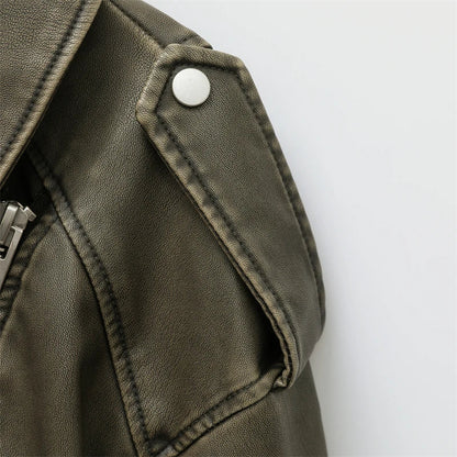 jinran 2024 Women Vintage Loose Pu Faux Leather Short Jacket with Belt Streetwear Female Zipper Retro Moto Biker Coat Outwear Tops