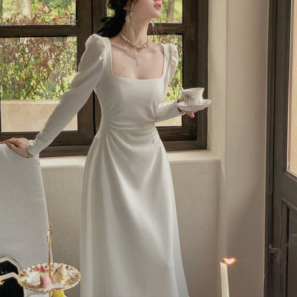 jinran 2023 Spring New Elegant Square Collar Midi Party Dress  For Women Long Sleeve Black White Slim Vestidos Female Clothes