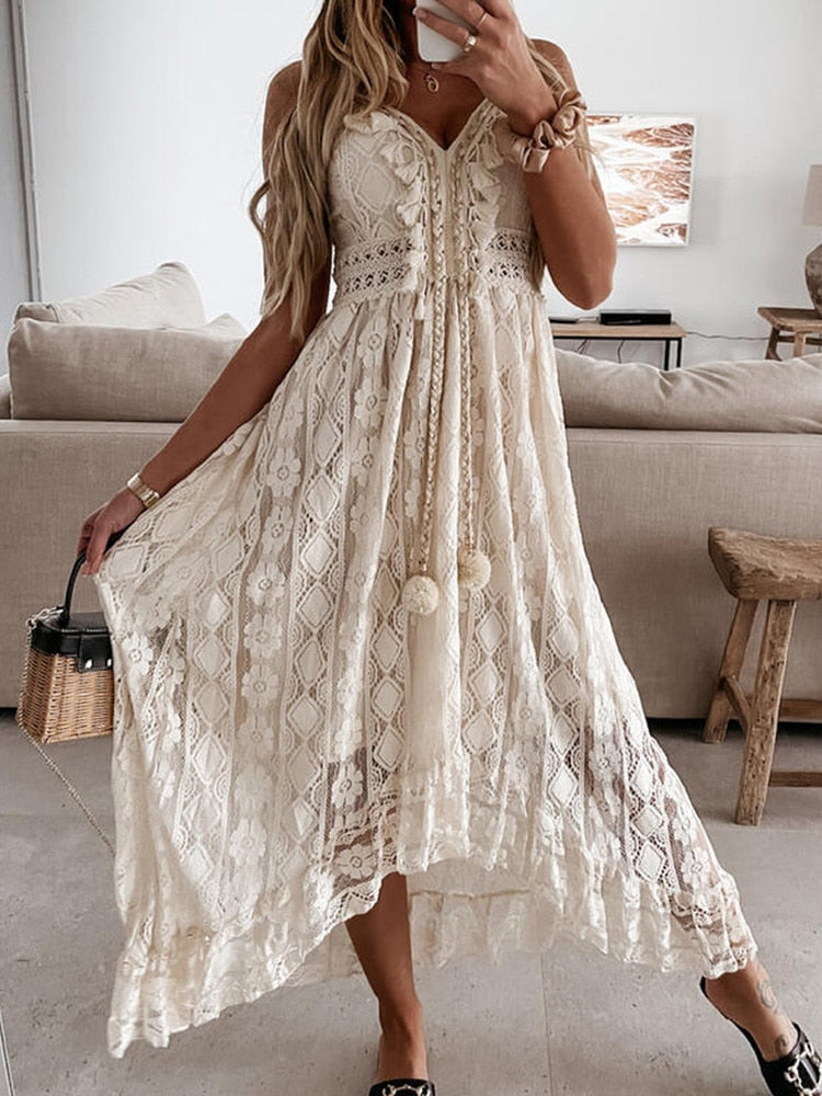 jinran Summer Boho Long Dresses Women Lace V Neck Spaghetti Strap Dress Lady Off Shoulder Beach Sundress White Dress Vestidos De Mujer