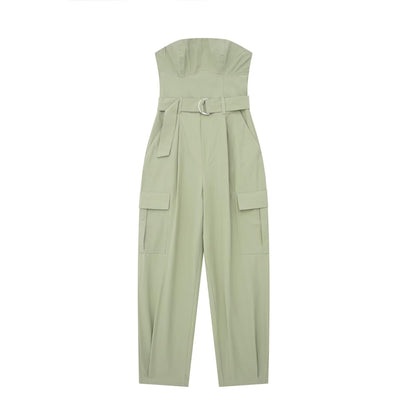 jinran 2023 Women Summer Strapless Jumpsuits With Belt Causal Solid Sleeveless Wrapped Chest Fashion Jumpsuit Full Cargo Pants