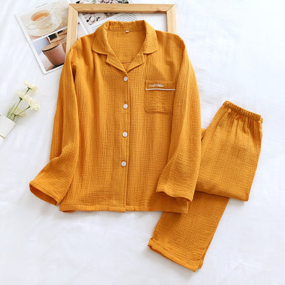 jinran New Spring And Autumn Pure Cotton Crepe Cloth Couple Soft Men Long-Sleeve Simple Home Service Women Two Piece Set