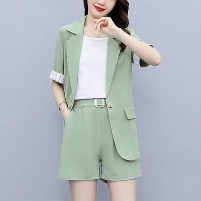 jinran 2022 Korean Style Summer New Elegant Women's Shorts Suit Short Sleeve Blazer Belt Decorative Shorts White Vest Three Piece Set