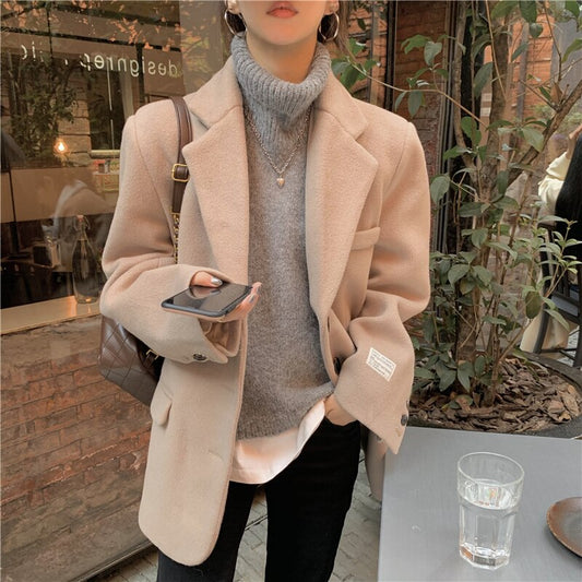 jinran Autumn Warm Wool Tailored Coats Women Loose Apricot Solid Suit Jackets Patchwork Long Sleeves Outwear Korean Fashion New