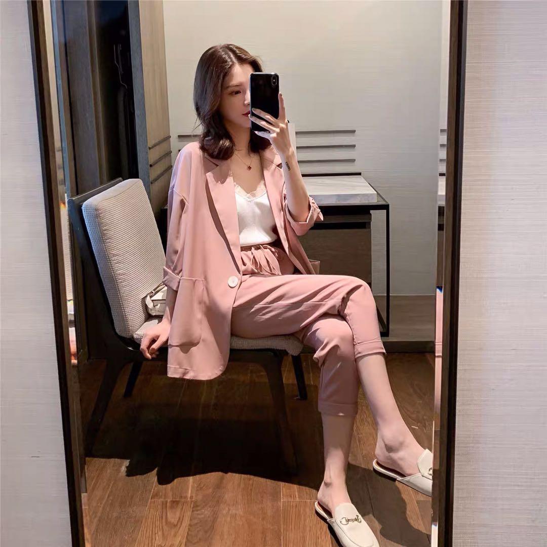 jinran Korean Style New Pink Elegant Women's Pants Suit Fashion Loose Jacket Trousers Two-piece Set Female Office Blazer Tracksuit