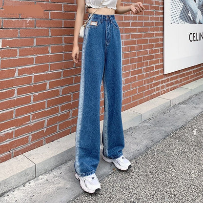 jinran 2022 New Spring Autumn Ins Street Hip-hop Wash Jeans Pants Loose Casual Denim Wide Leg Pants Tide Woman Side Stirp Jeans S-5XL