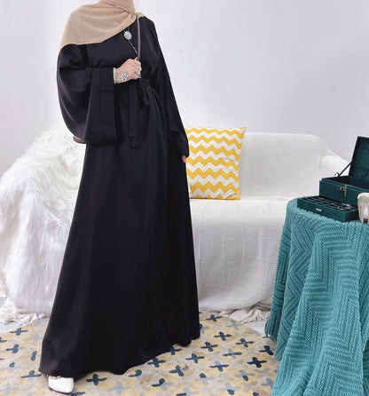 jinran Summer Elegant Solid Color Colorful Temperament Long Skirt Ladies Open Shouder Robe Satin Large Size Belt Muslim Woman Abaya