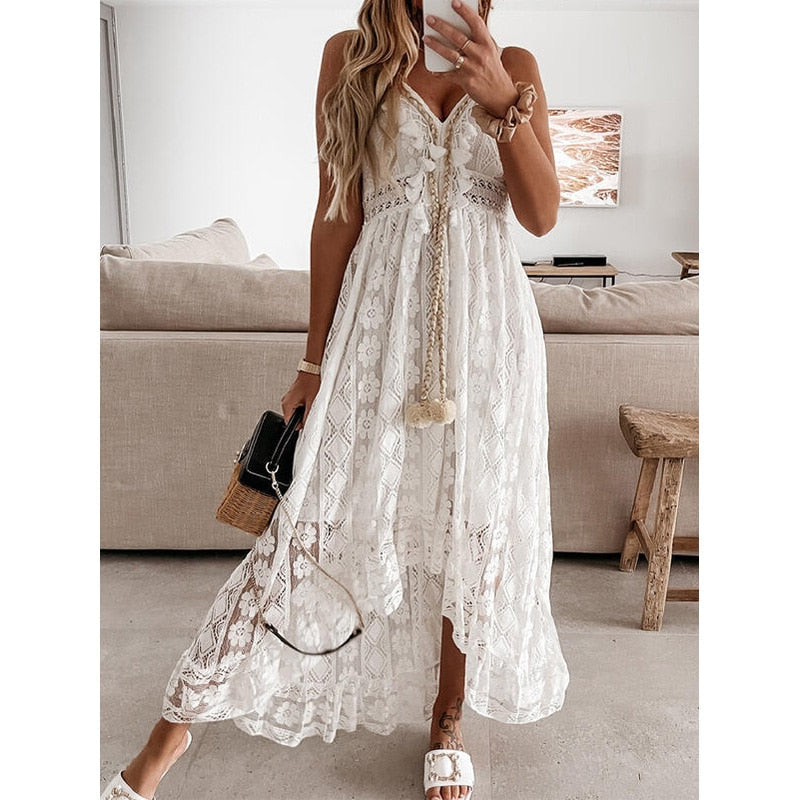 jinran Summer Boho Long Dresses Women Lace V Neck Spaghetti Strap Dress Lady Off Shoulder Beach Sundress White Dress Vestidos De Mujer