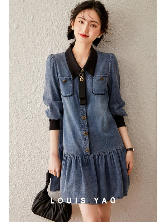 jinran Women Dress 2024 Summer Fashionable Washed Denim Dress Detachable Bow Tie Long Sleeve Polo Neck Short Dress for Women
