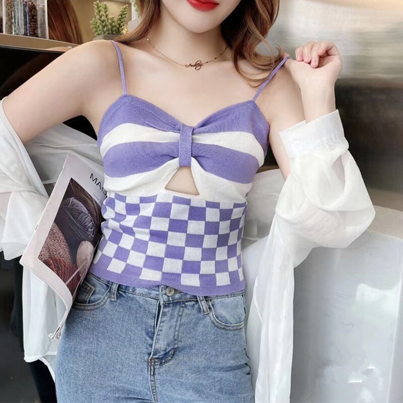 jinran Checkerboard Crop Top Women Sexy Hollowed Knitting Tank Top Bowknot Soft Comfortable Breathable Camisole 2022 New