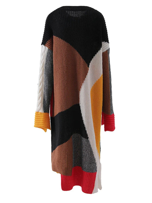 jinran Women Black Color-block Big Size Long Sweater Dress New Round Neck Long Sleeve Fashion Tide Spring Autumn 2024 CPDB101
