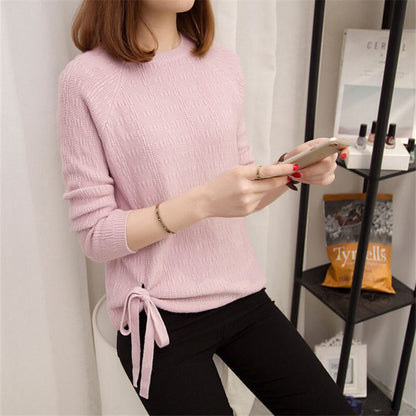 jinran Spring Summer New Solid Lace-up O-Neck Women's Clothing Hole Knitted Sweater Slight Strech Casual Loose Pullovers Long Sleeves