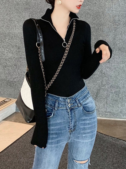 jinran New Fashion Woman Sweaters Women's Outer Wear Black Turtleneck Sweater Autumn Winter Zipper Pullover Slim Fit Sweater Tops