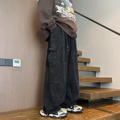 Men's Patchwork Cargo Jeans Oversized Wide Leg Trousers Men Muti-pockets Hip Hop Streetwear 90s Vintage Fashion Tooling Pants