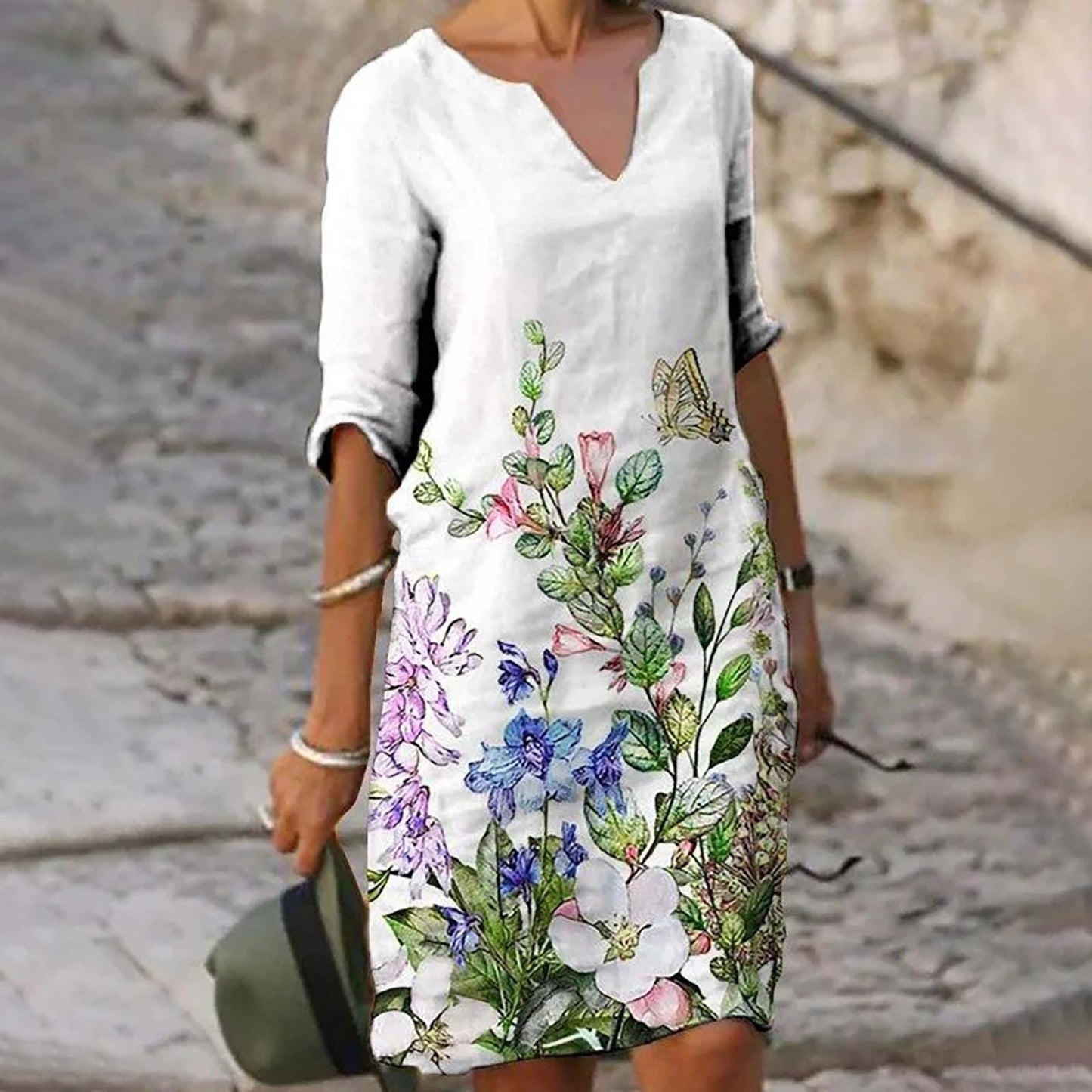 jinran Women Elegant Dress Summer Fashion Loose V-Neck Half Sleeve A-Line Dress Sundress Female Vintage Print Midi Dresses Vestidos