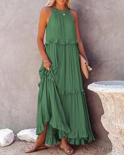 jinran Casual Solid Ruffle Long Dress Women Summer A-line Sleeveless Maxi Dresses Elegant Tie-Up Loose Beach Party Dress Vestidos Robe