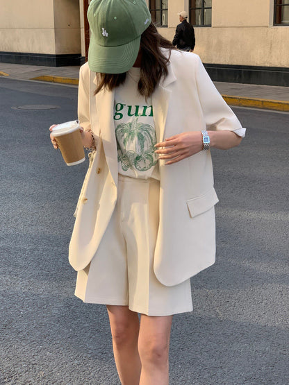 jinran Summer 2022 Thin Casual Loose Short Sleeve Jacket and Shorts Two-piece Elegant Women's Pants Suit Female Office Tracksuit Blazer