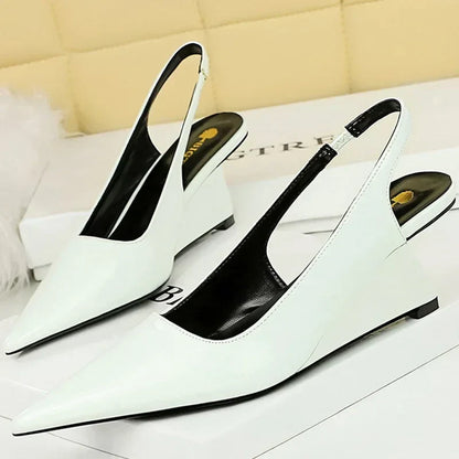 jinran 2024 Women 6.5cm High Heels Pumps Lady Pointed Toe Wedges Strange Middle Low Heels White Nude Pink Mules Patent Leather Shoes