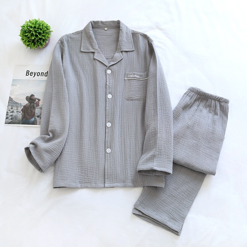 jinran New Spring And Autumn Pure Cotton Crepe Cloth Couple Soft Men Long-Sleeve Simple Home Service Women Two Piece Set