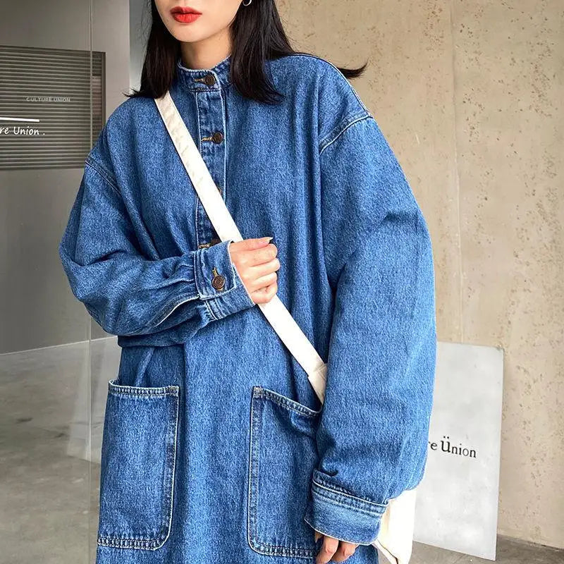 jinran Oversized Vintage Denim Dress Female Retro Japanese Loose Stand Collar Long Sleeves Big Pocket Long Dress 2022 New Spring