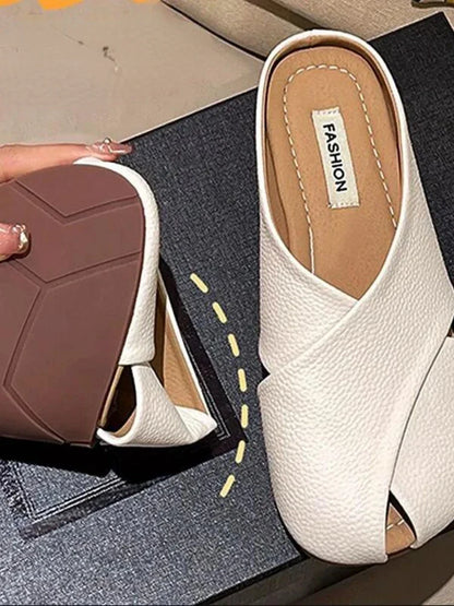 jinran Women Pure Color Flat Slippers Shoes Summer Peep Toe Leather Flat Sandals Female Fashion Mules Casual Outwear Shoes 2024 New