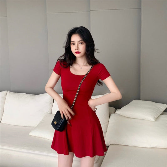 jinran Women Summer Dress O Neck Short Sleeve Solid Korean Thin Slim A Line Dress Slim Retro Red Black Pink Short Mini Dress Vestidos